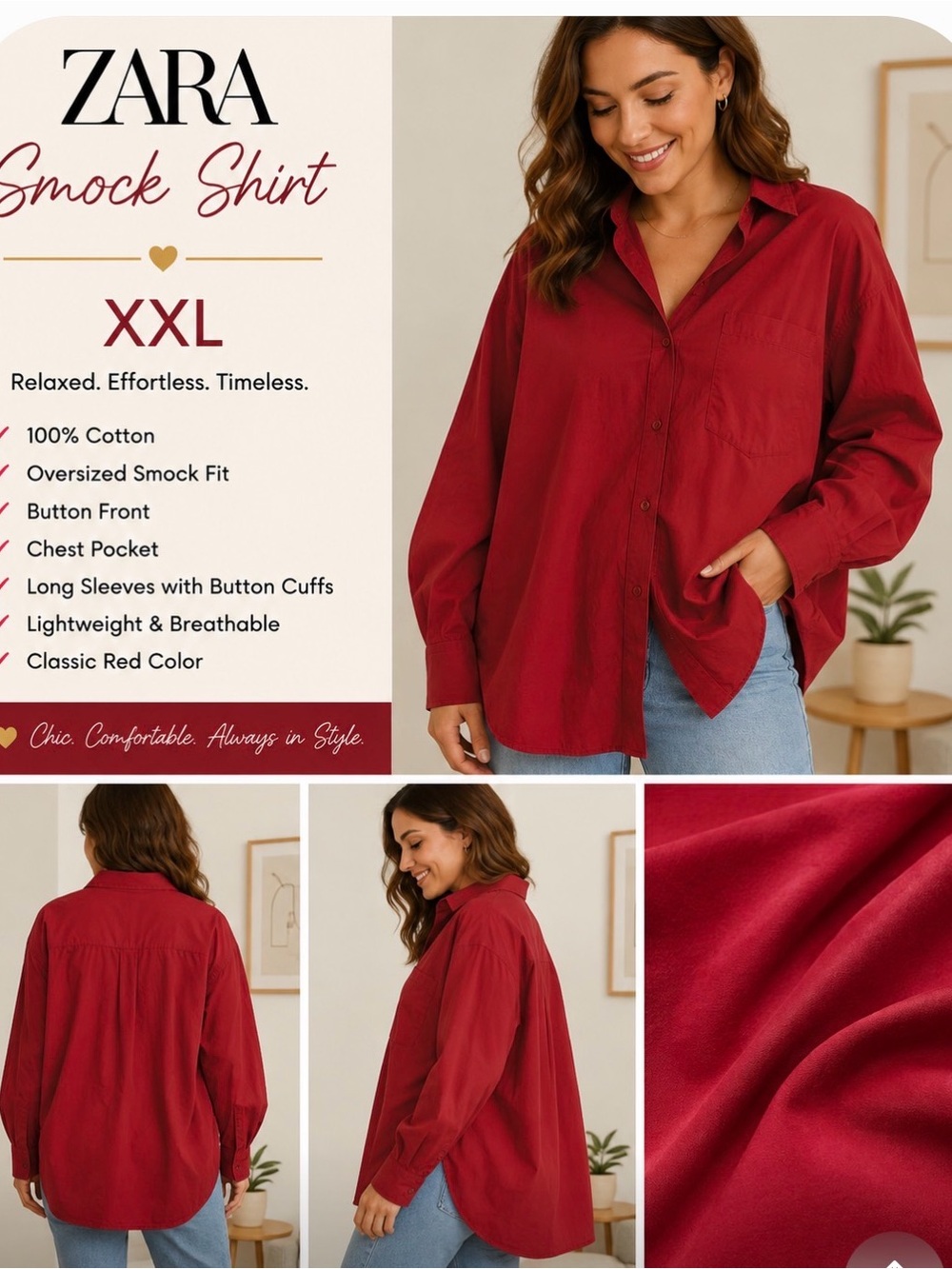 ZARA Red Oversized Smock Shirt - Relaxed Button-Front Top, XXL